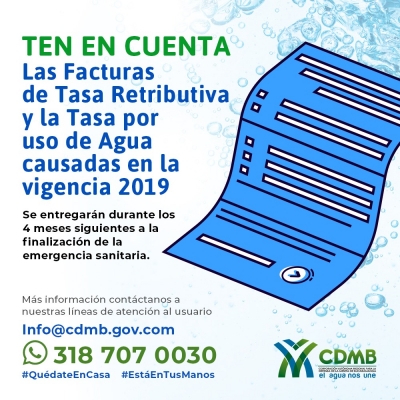 La CDMB informa las medidas transitorias respecto a la entrega de facturas de Tasa Retributiva y Tasa por Utilización de Agua